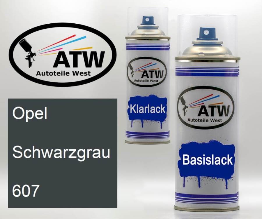 Opel, Schwarzgrau, 607: 400ml Sprühdose + 400ml Klarlack - Set, von ATW Autoteile West.