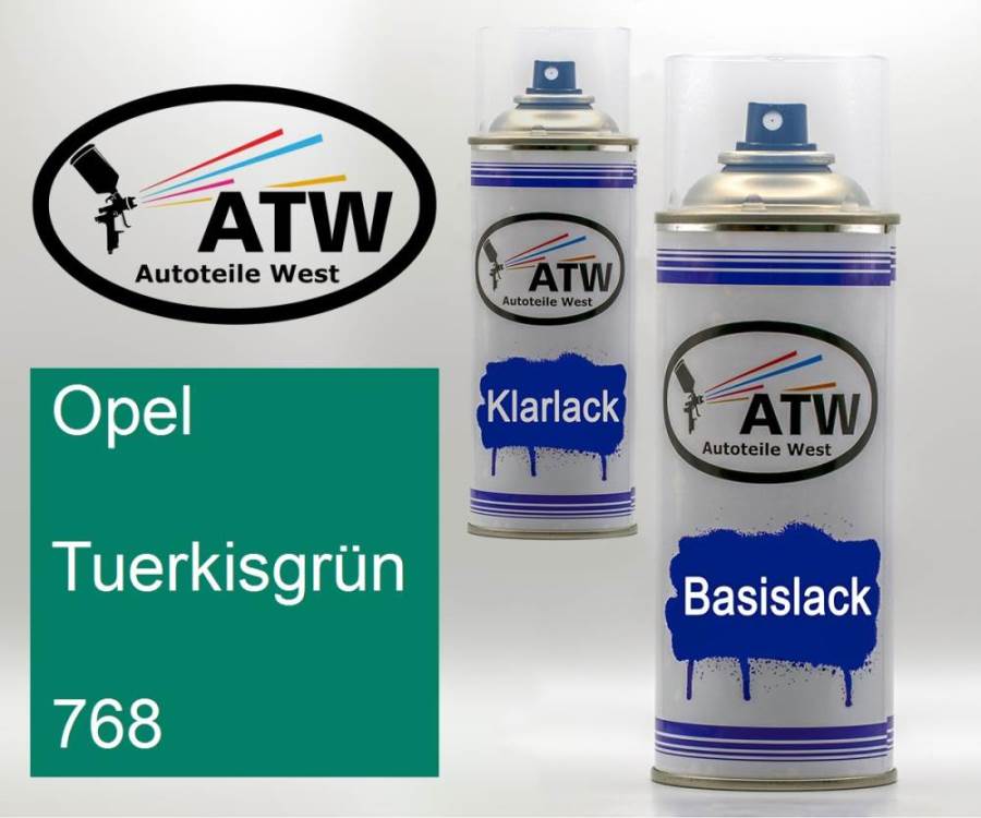 Opel, Tuerkisgrün, 768: 400ml Sprühdose + 400ml Klarlack - Set, von ATW Autoteile West.