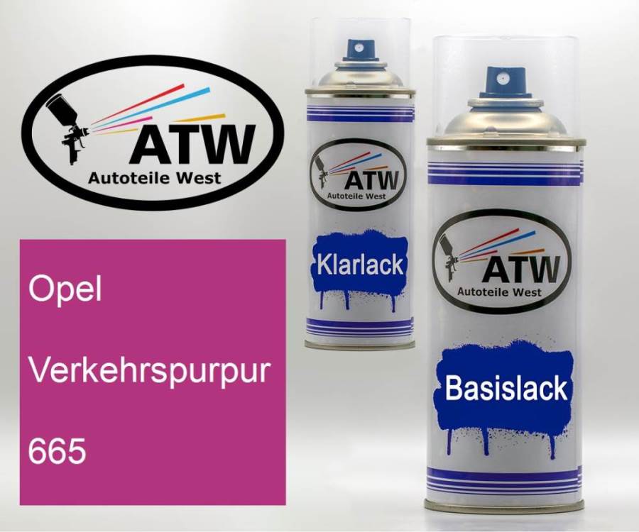 Opel, Verkehrspurpur, 665: 400ml Sprühdose + 400ml Klarlack - Set, von ATW Autoteile West.