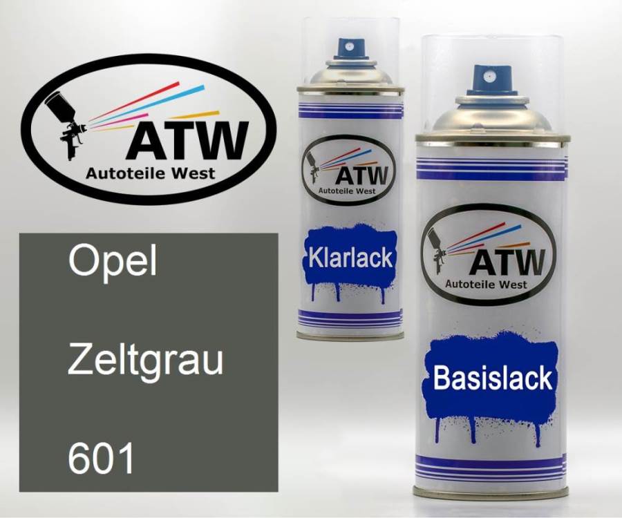 Opel, Zeltgrau, 601: 400ml Sprühdose + 400ml Klarlack - Set, von ATW Autoteile West.