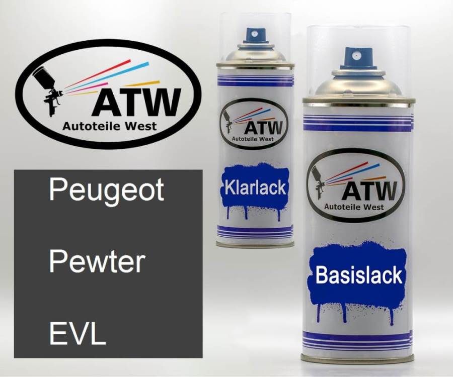 Peugeot, Pewter, EVL: 400ml Sprühdose + 400ml Klarlack - Set, von ATW Autoteile West.