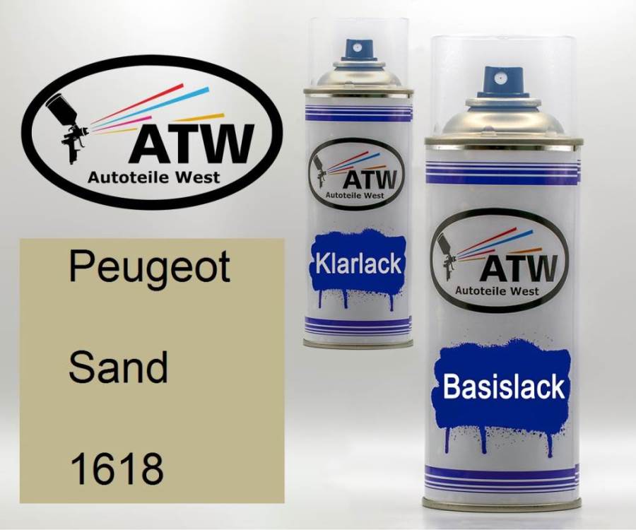 Peugeot, Sand, 1618: 400ml Sprühdose + 400ml Klarlack - Set, von ATW Autoteile West.