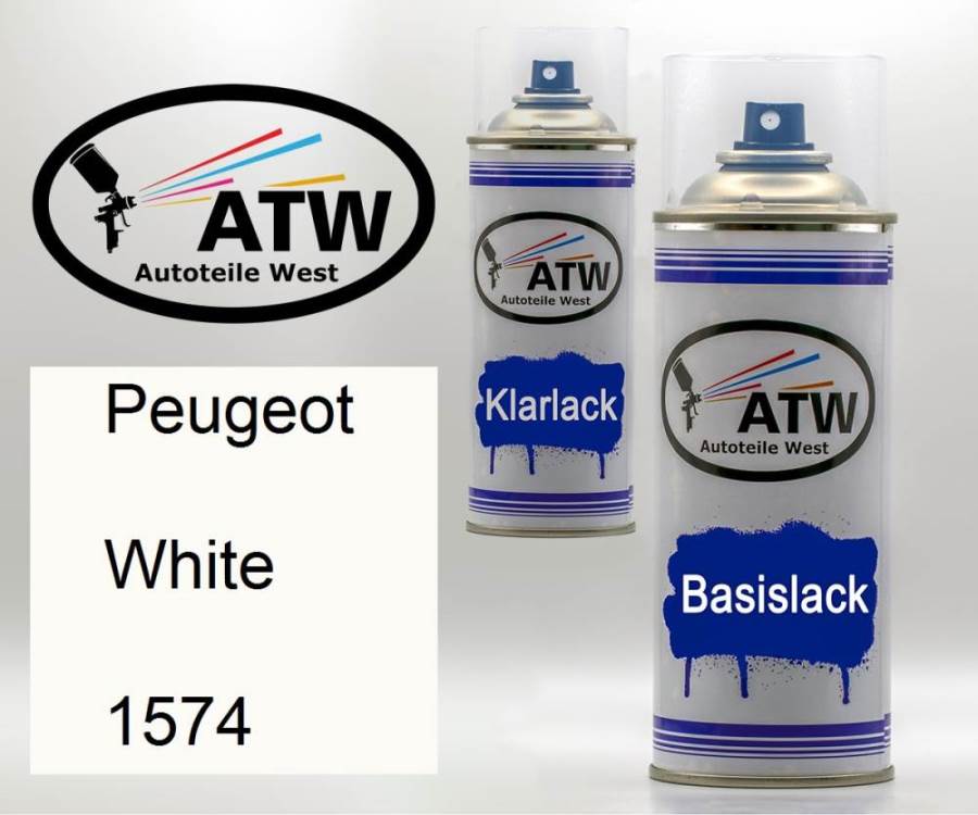 Peugeot, White, 1574: 400ml Sprühdose + 400ml Klarlack - Set, von ATW Autoteile West.
