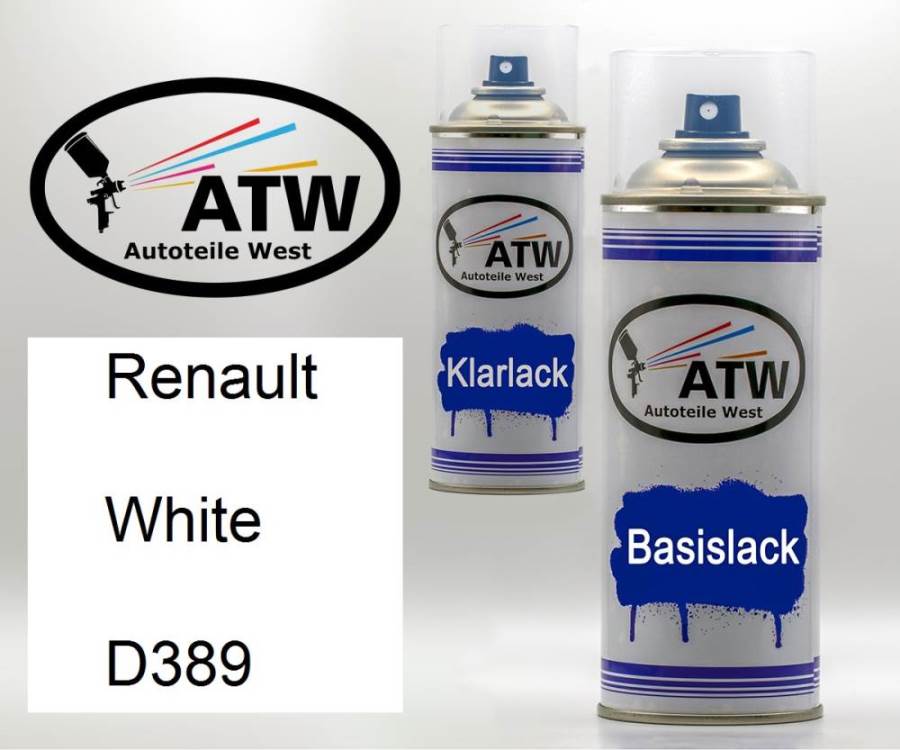 Renault, White, D389: 400ml Sprühdose + 400ml Klarlack - Set, von ATW Autoteile West.