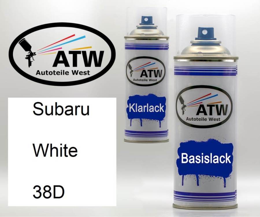 Subaru, White, 38D: 400ml Sprühdose + 400ml Klarlack - Set, von ATW Autoteile West.