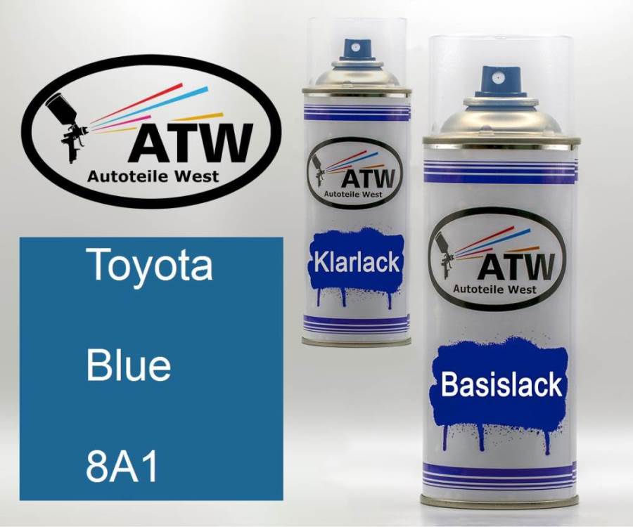Toyota, Blue, 8A1: 400ml Sprühdose + 400ml Klarlack - Set, von ATW Autoteile West.