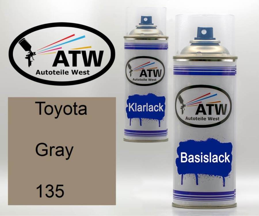 Toyota, Gray, 135: 400ml Sprühdose + 400ml Klarlack - Set, von ATW Autoteile West.