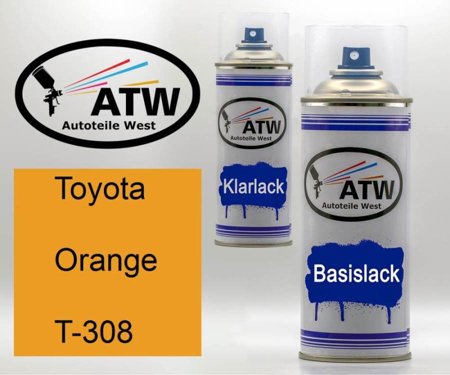 Toyota, Orange, T-308: 400ml Sprühdose + 400ml Klarlack - Set, von ATW Autoteile West.