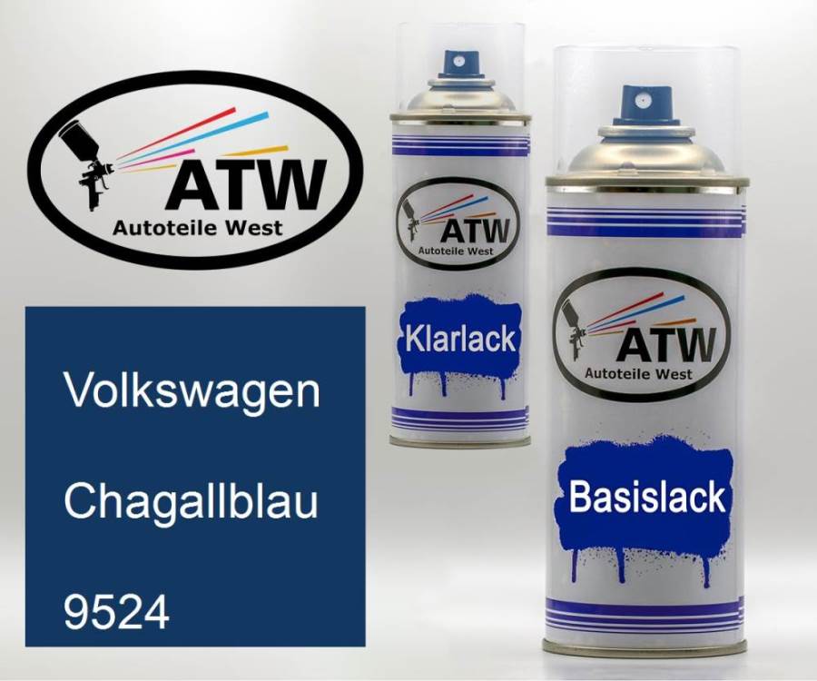 Volkswagen, Chagallblau, 9524: 400ml Sprühdose + 400ml Klarlack - Set, von ATW Autoteile West.