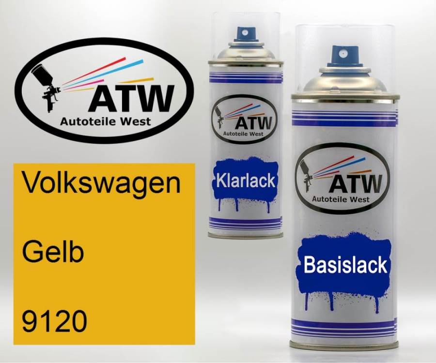 Volkswagen, Gelb, 9120: 400ml Sprühdose + 400ml Klarlack - Set, von ATW Autoteile West.