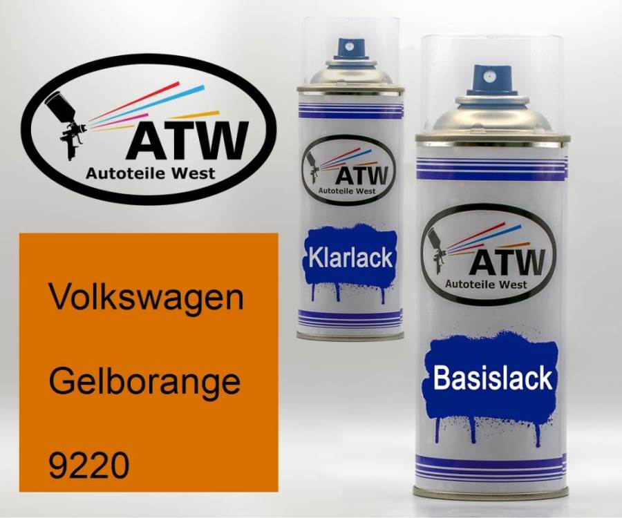 Volkswagen, Gelborange, 9220: 400ml Sprühdose + 400ml Klarlack - Set, von ATW Autoteile West.