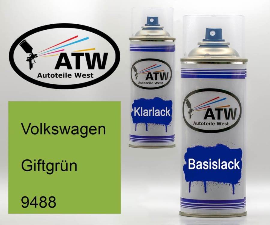 Volkswagen, Giftgrün, 9488: 400ml Sprühdose + 400ml Klarlack - Set, von ATW Autoteile West.