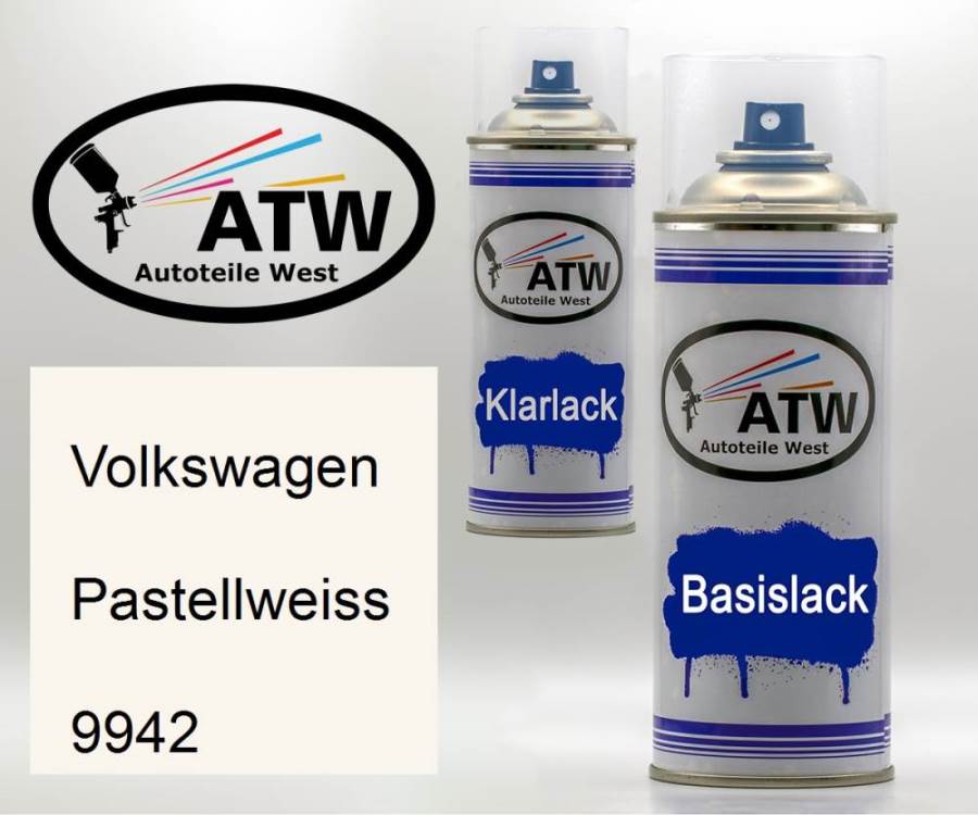 Volkswagen, Pastellweiss, 9942: 400ml Sprühdose + 400ml Klarlack - Set, von ATW Autoteile West.