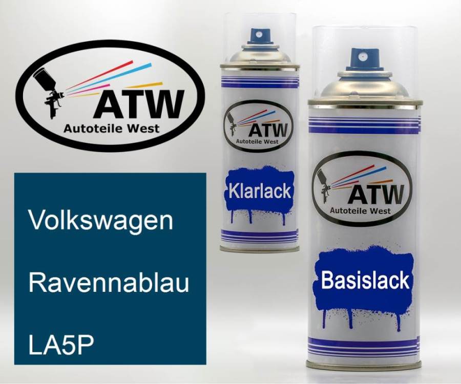 Volkswagen, Ravennablau, LA5P: 400ml Sprühdose + 400ml Klarlack - Set, von ATW Autoteile West.