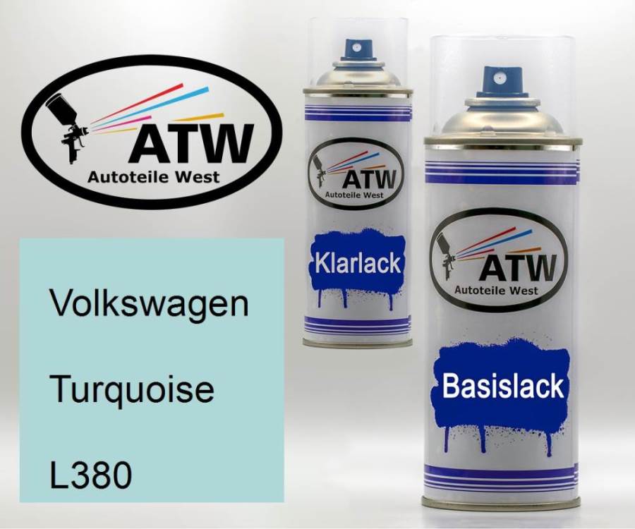 Volkswagen, Turquoise, L380: 400ml Sprühdose + 400ml Klarlack - Set, von ATW Autoteile West.