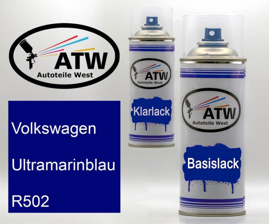 Volkswagen, Ultramarinblau, R502: 400ml Sprühdose + 400ml Klarlack - Set, von ATW Autoteile West.