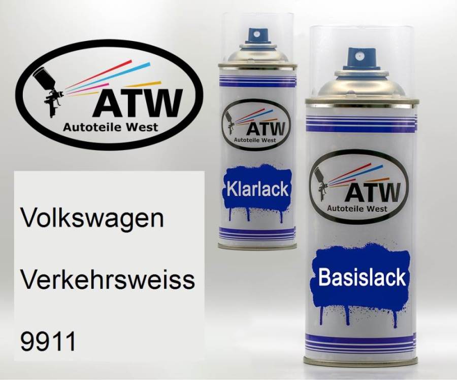 Volkswagen, Verkehrsweiss, 9911: 400ml Sprühdose + 400ml Klarlack - Set, von ATW Autoteile West.