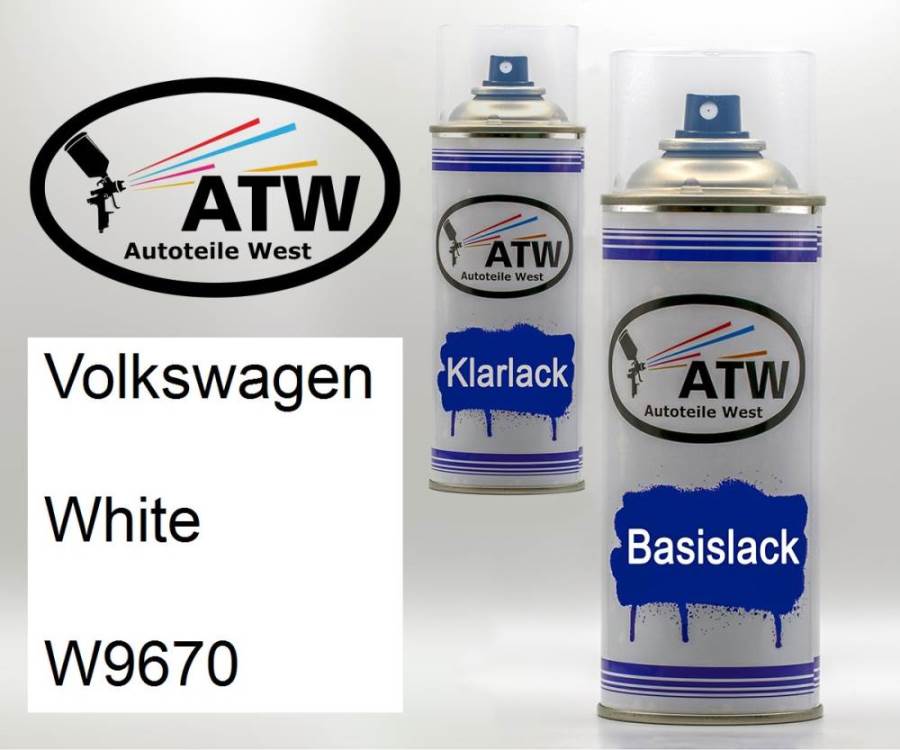 Volkswagen, White, W9670: 400ml Sprühdose + 400ml Klarlack - Set, von ATW Autoteile West.