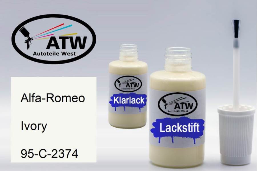 Alfa-Romeo, Ivory, 95-C-2374: 20ml Lackstift + 20ml Klarlack - Set, von ATW Autoteile West.