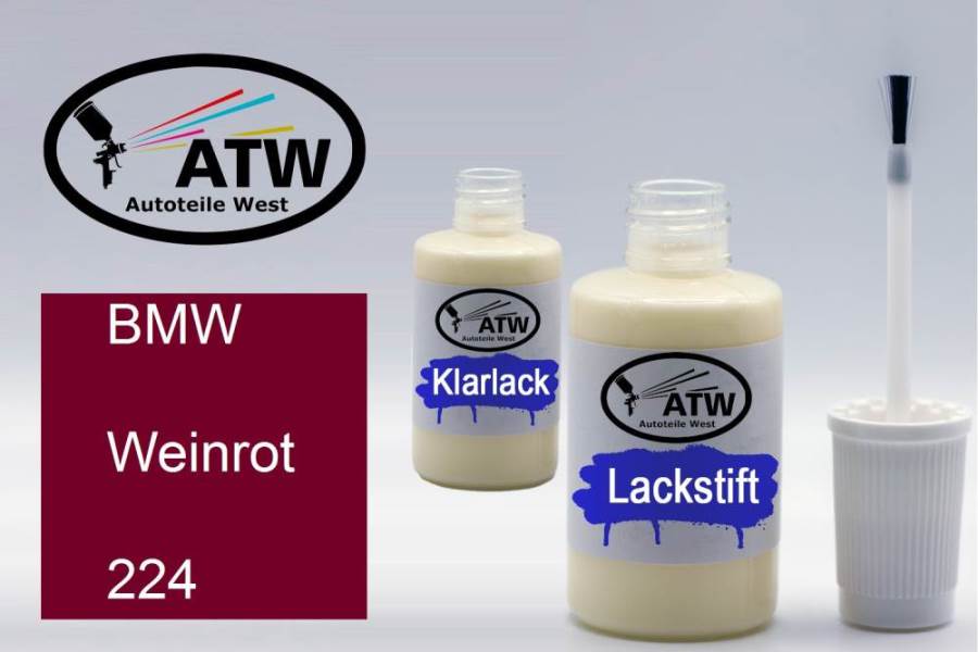 BMW, Weinrot, 224: 20ml Lackstift + 20ml Klarlack - Set, von ATW Autoteile West.