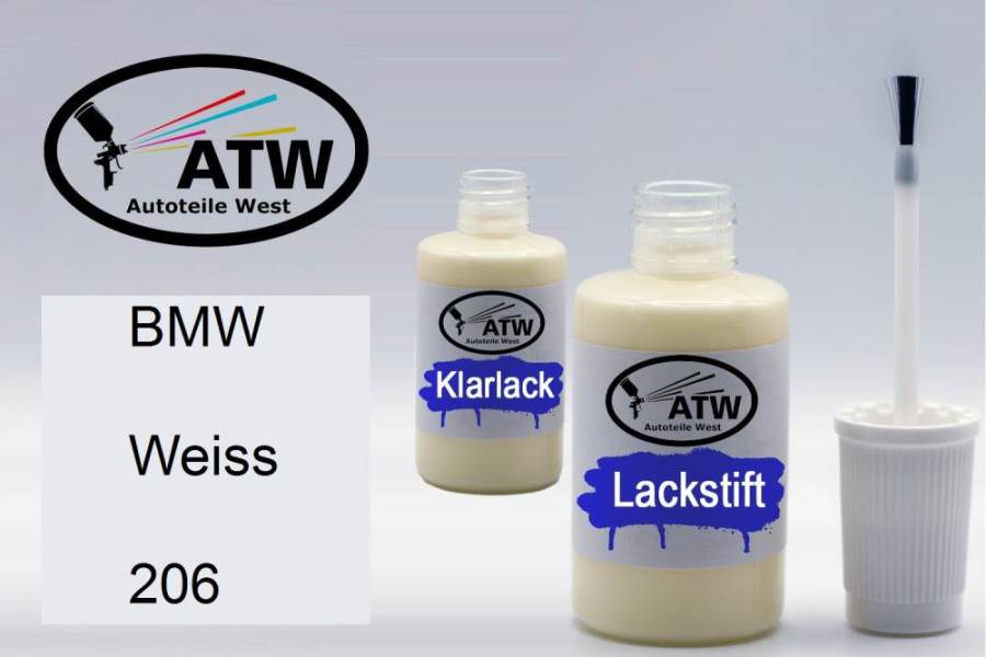 BMW, Weiss, 206: 20ml Lackstift + 20ml Klarlack - Set, von ATW Autoteile West.