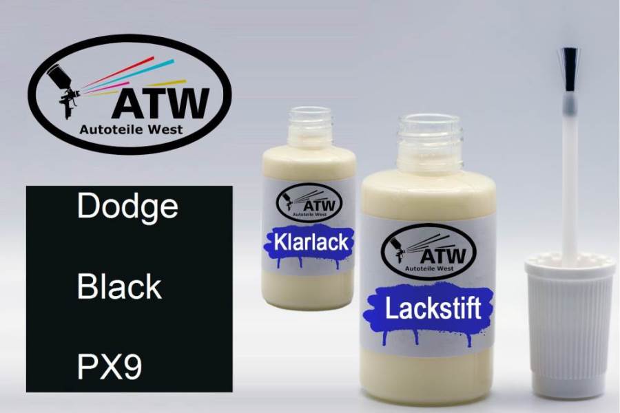 Dodge, Black, PX9: 20ml Lackstift + 20ml Klarlack - Set, von ATW Autoteile West.