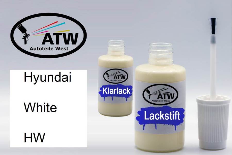 Hyundai, White, HW: 20ml Lackstift + 20ml Klarlack - Set, von ATW Autoteile West.