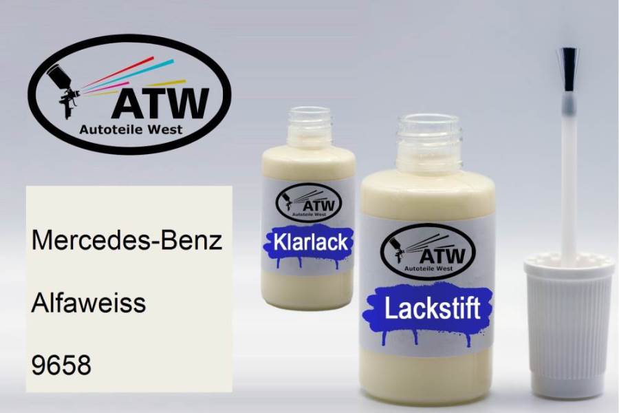 Mercedes-Benz, Alfaweiss, 9658: 20ml Lackstift + 20ml Klarlack - Set, von ATW Autoteile West.