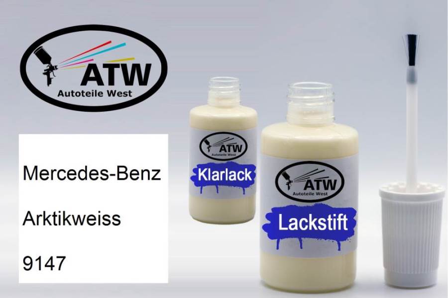 Mercedes-Benz, Arktikweiss, 9147: 20ml Lackstift + 20ml Klarlack - Set, von ATW Autoteile West.