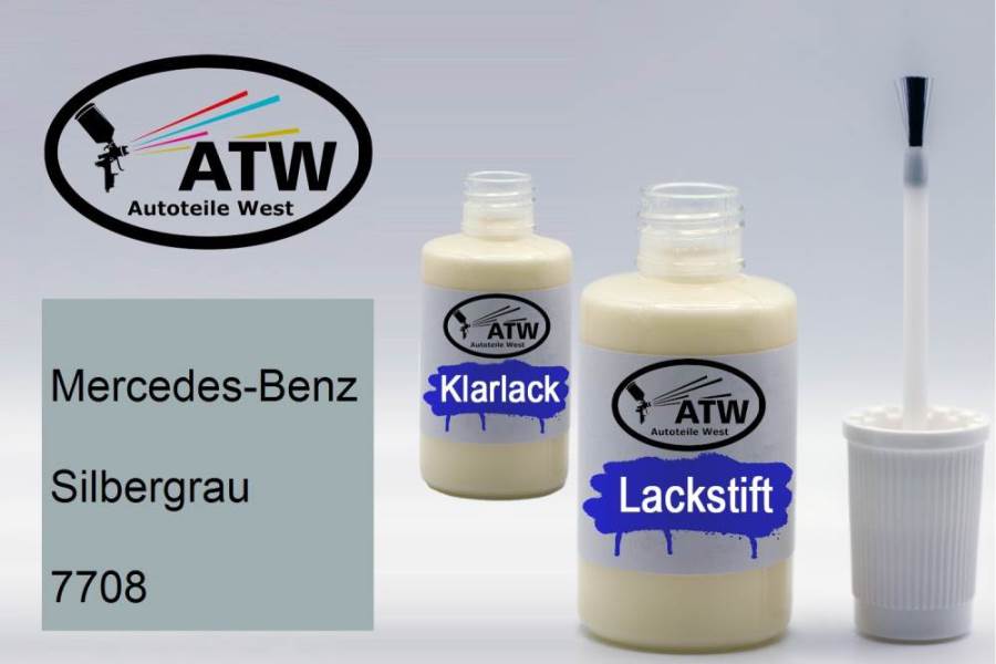 Mercedes-Benz, Silbergrau, 7708: 20ml Lackstift + 20ml Klarlack - Set, von ATW Autoteile West.