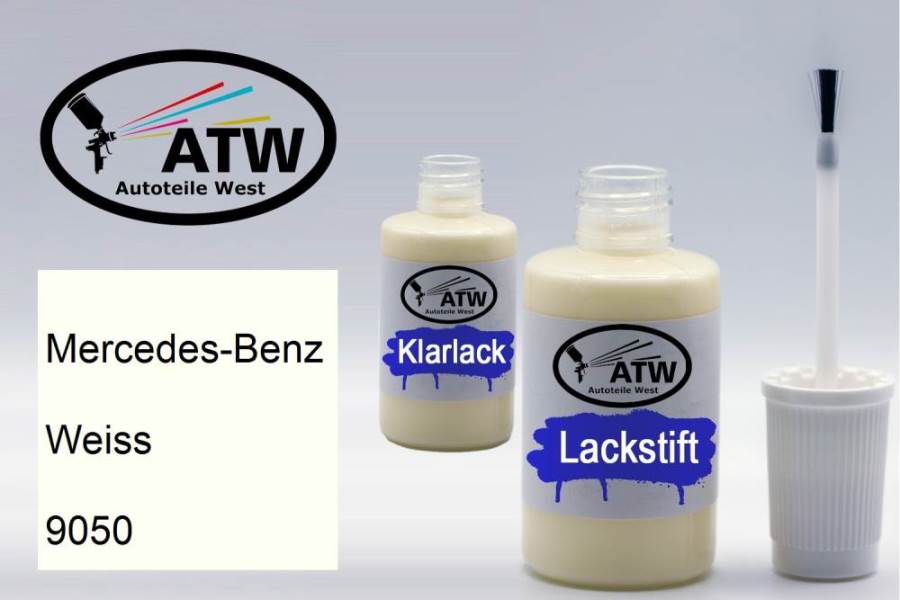 Mercedes-Benz, Weiss, 9050: 20ml Lackstift + 20ml Klarlack - Set, von ATW Autoteile West.