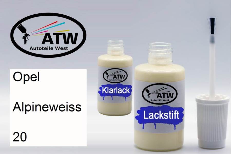 Opel, Alpineweiss, 020: 20ml Lackstift + 20ml Klarlack - Set, von ATW Autoteile West.