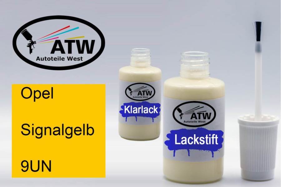 Opel, Signalgelb, 9UN: 20ml Lackstift + 20ml Klarlack - Set, von ATW Autoteile West.