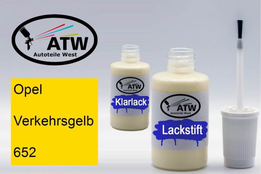 Opel, Verkehrsgelb, 652: 20ml Lackstift + 20ml Klarlack - Set, von ATW Autoteile West.