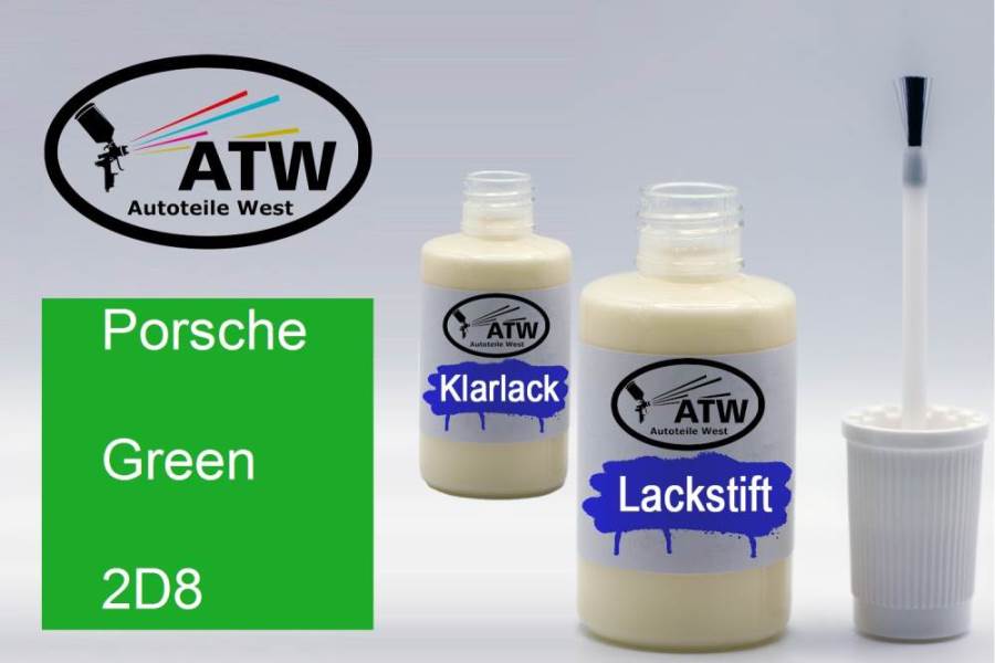 Porsche, Green, 2D8: 20ml Lackstift + 20ml Klarlack - Set, von ATW Autoteile West.