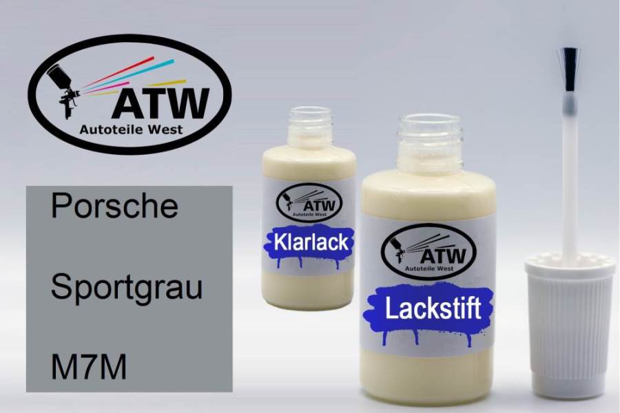 Porsche, Sportgrau, M7M: 20ml Lackstift + 20ml Klarlack - Set, von ATW Autoteile West.
