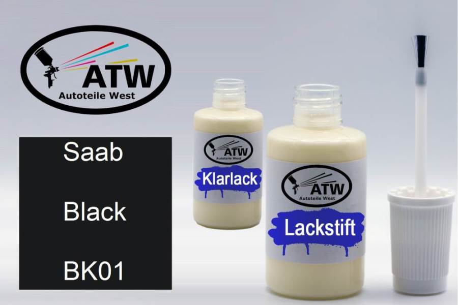 Saab, Black, BK01: 20ml Lackstift + 20ml Klarlack - Set, von ATW Autoteile West.